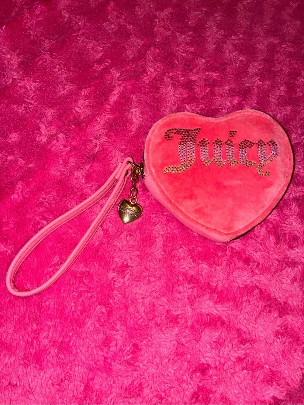 Juicy Couture Hot Pink Heart Wristlet with Rhinestone Logo